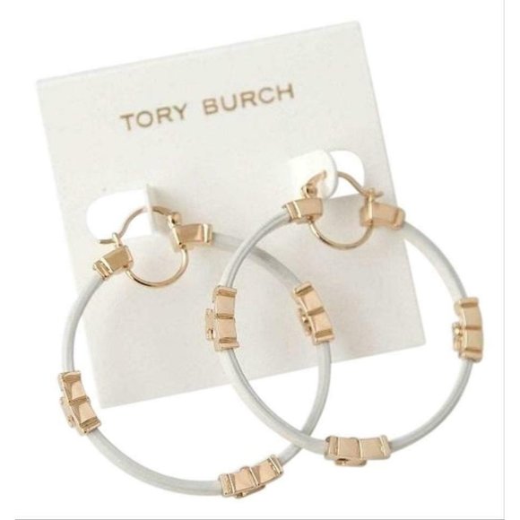 Tory Burch Jewelry - Tory Burch White Serif T Leather Hoop Earrings